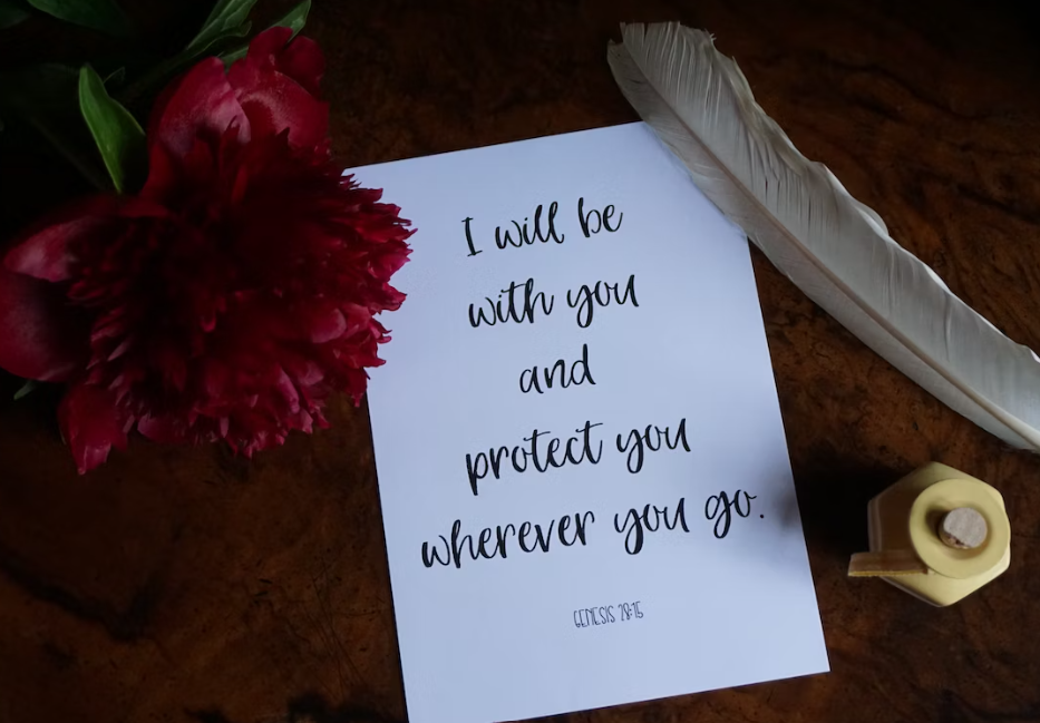 Quote from the Bible, flower, and quill