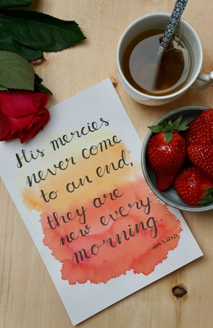 Quote from the Bible with flowers and strawberries. 
